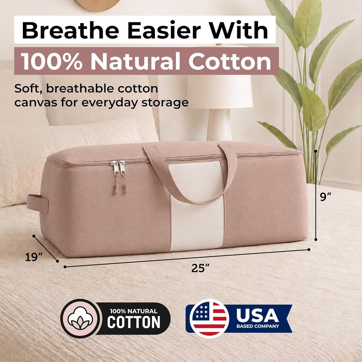 Soft Canvas Storage Bags with Zipper. Thick Breathable, 2pc King/Queen Comforter Organizer. Four Carrying Handles and Window. Large 25x19x9in Bag for Sheets Blankets Bedding Pillows, Clothes