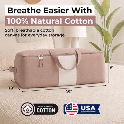 Soft Canvas Storage Bags with Zipper. Thick Breathable, 2pc King/Queen Comforter Organizer. Four Carrying Handles and Window. Large 25x19x9in Bag for Sheets Blankets Bedding Pillows, Clothes