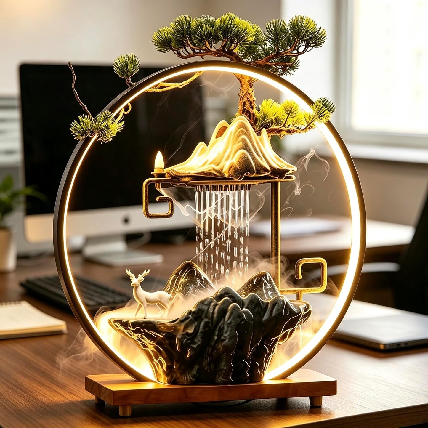 Mini Artificial Bonsai Tree Waterfall Fog Feature Rock Tabletop Fountain | 11in Desktop Decor Waterfall Fountain W/ Water Pump& Atomizer&LED Lights &Fake Tree Office Bedroom Relax