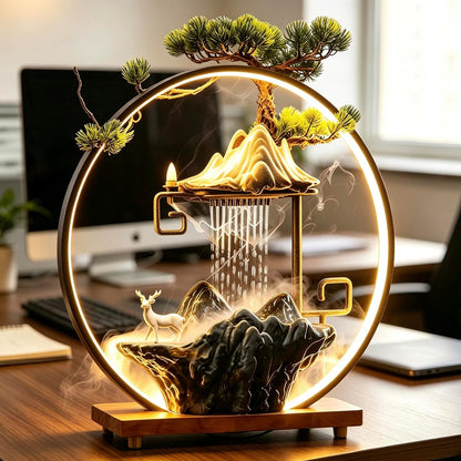Mini Artificial Bonsai Tree Waterfall Fog Feature Rock Tabletop Fountain | 11in Desktop Decor Waterfall Fountain W/ Water Pump& Atomizer&LED Lights &Fake Tree Office Bedroom Relax
