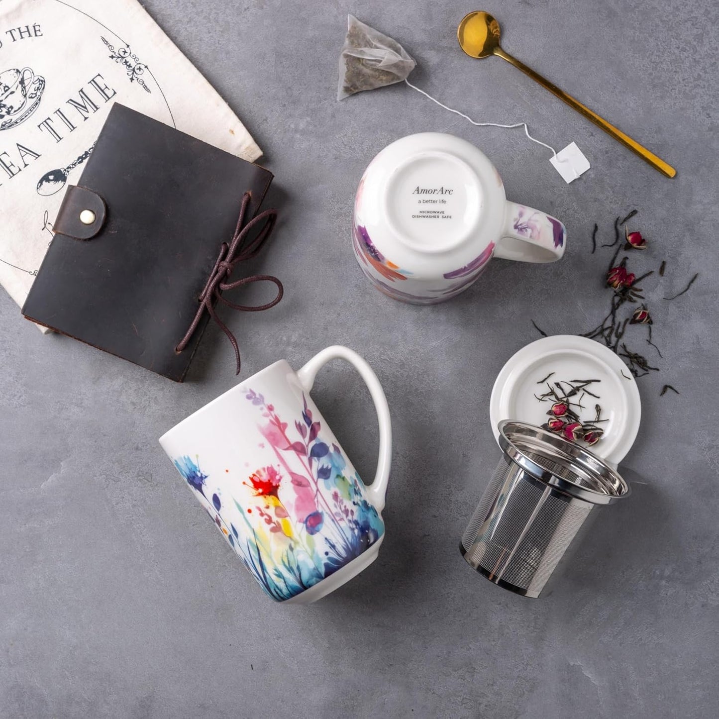 AmorArc Porcelain Tea Mug with Infuser and Lids, 18 Oz Large Cup Strainer with Bag Holder for Loose Leaf Tea, Steeping Coffee Mug for House-warming Wedding Birthday Gift