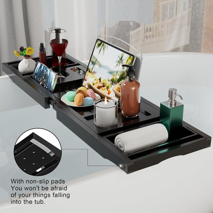 Artmalle Luxury Bathtub Caddy Tray for Tub - Foldable Bamboo Bath Table Tray with Book and Wine Glass Holder, Expandable Bathroom Accessories for Spa or Reading Lite Style