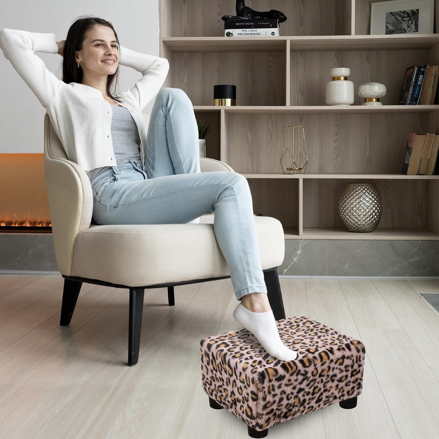 CAROLMADE Small Foot Stool Ottoman Footstool with Legs Under Desk Footrest for Living Room Bedroom and Office,Linen-Grey
