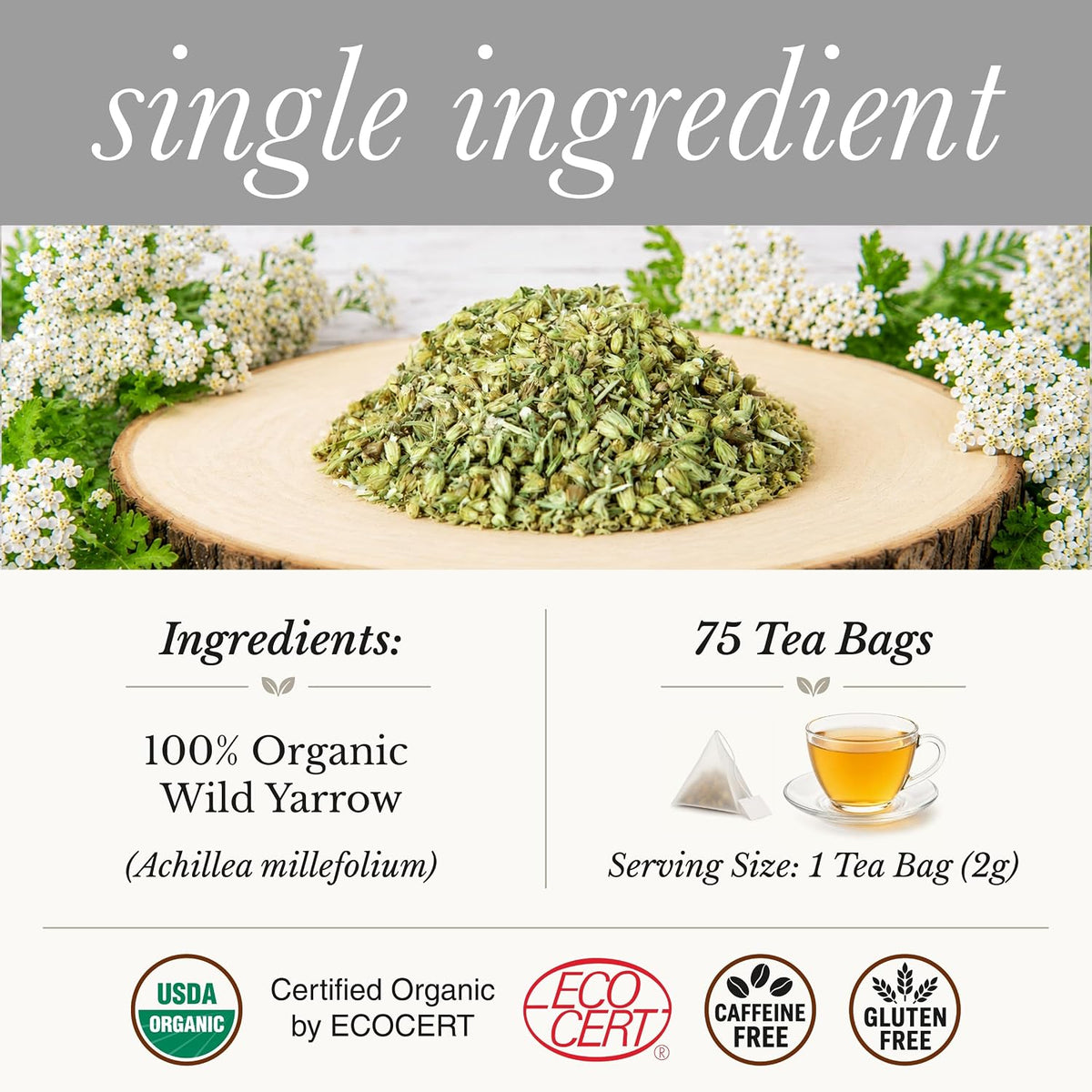 Organic Wild Yarrow Flower Herbal Tea, 75 Tea Bags