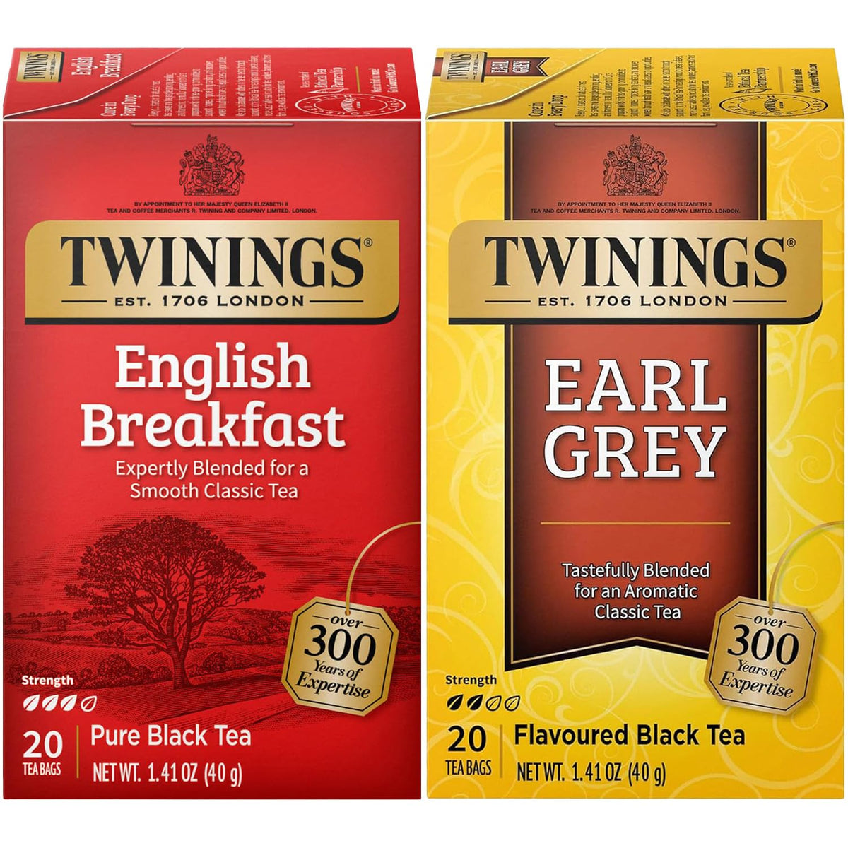 Twinings Tea Variety 2-Pack – English Breakfast + Earl Grey, Caffeinated Black Tea Bags, Individually Wrapped, 20 Count Each