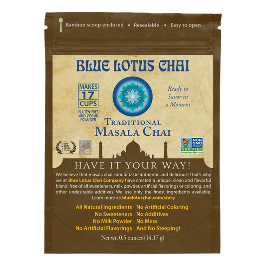 Blue Lotus Chai - Traditional Masala Chai - Makes 100 Cups - 3 Ounce Masala Spiced Chai Powder with Organic Spices - Instant Indian Tea No Steeping - No Gluten
