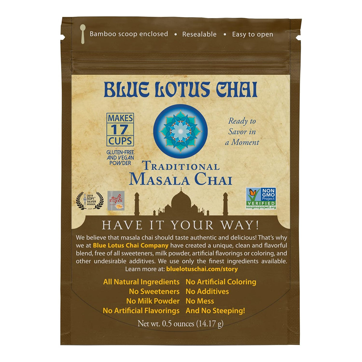 Blue Lotus Chai - Traditional Masala Chai - Makes 100 Cups - 3 Ounce Masala Spiced Chai Powder with Organic Spices - Instant Indian Tea No Steeping - No Gluten