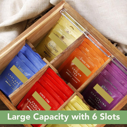 HTB Acacia Wood Tea Bag Organizer Storage Box with 6 Compartments