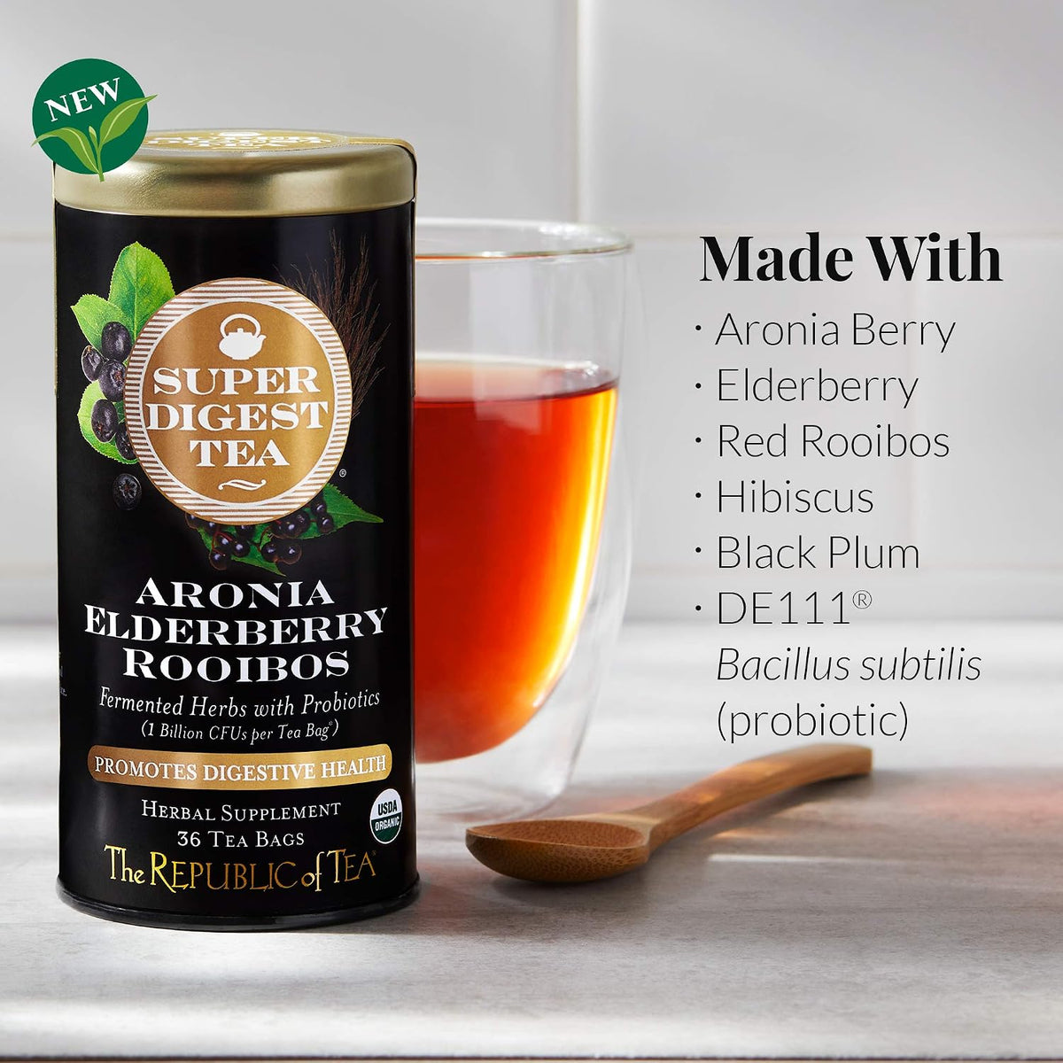 The Republic of Tea Organic Aronia Elderberry Rooibos SuperDigest Tea® | Probiotic Tea Bags (36 count)