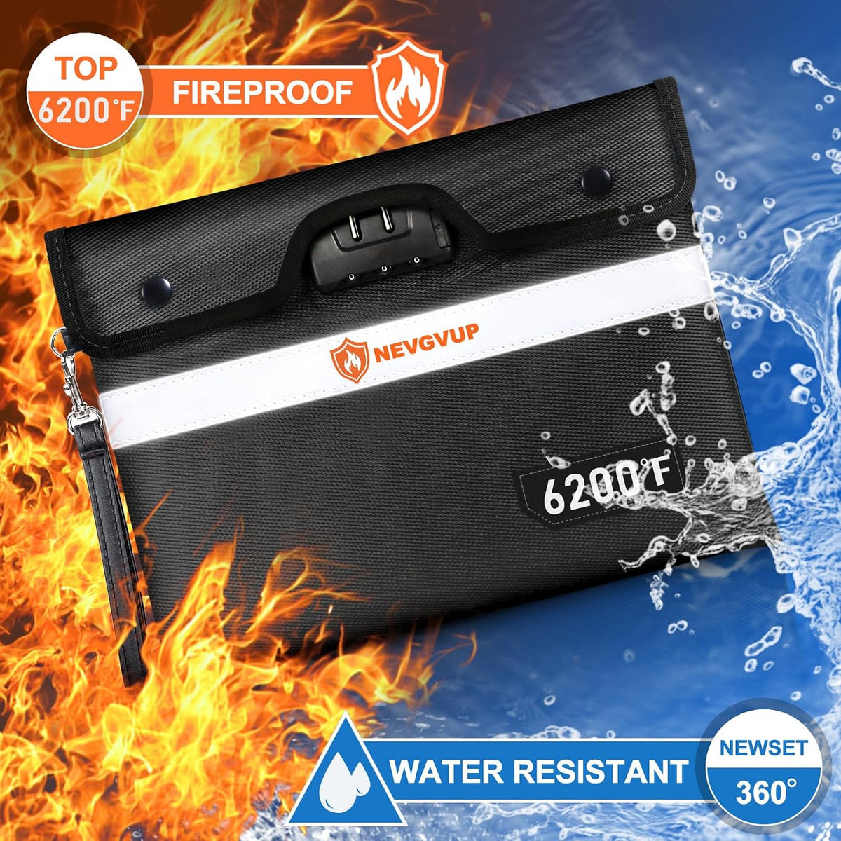 Upgraded 6200°F Fireproof Document Bag with Lock, Fire proof Money Bag for Cash with Zipper/Reflective Strip, 9 Layer of Heat Insulated Material, Water Resistant Fireproof Bags for Documents,Safe Bags