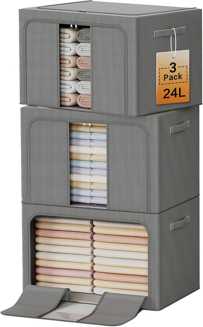 Clothes Storage Bins with Metal Frame Foldable Storage Box Clothes Organizers Storage Containers for Clothes Sheets Blankets Books Toys Gifts and Holiday Decorations (66Lx3 Pack)