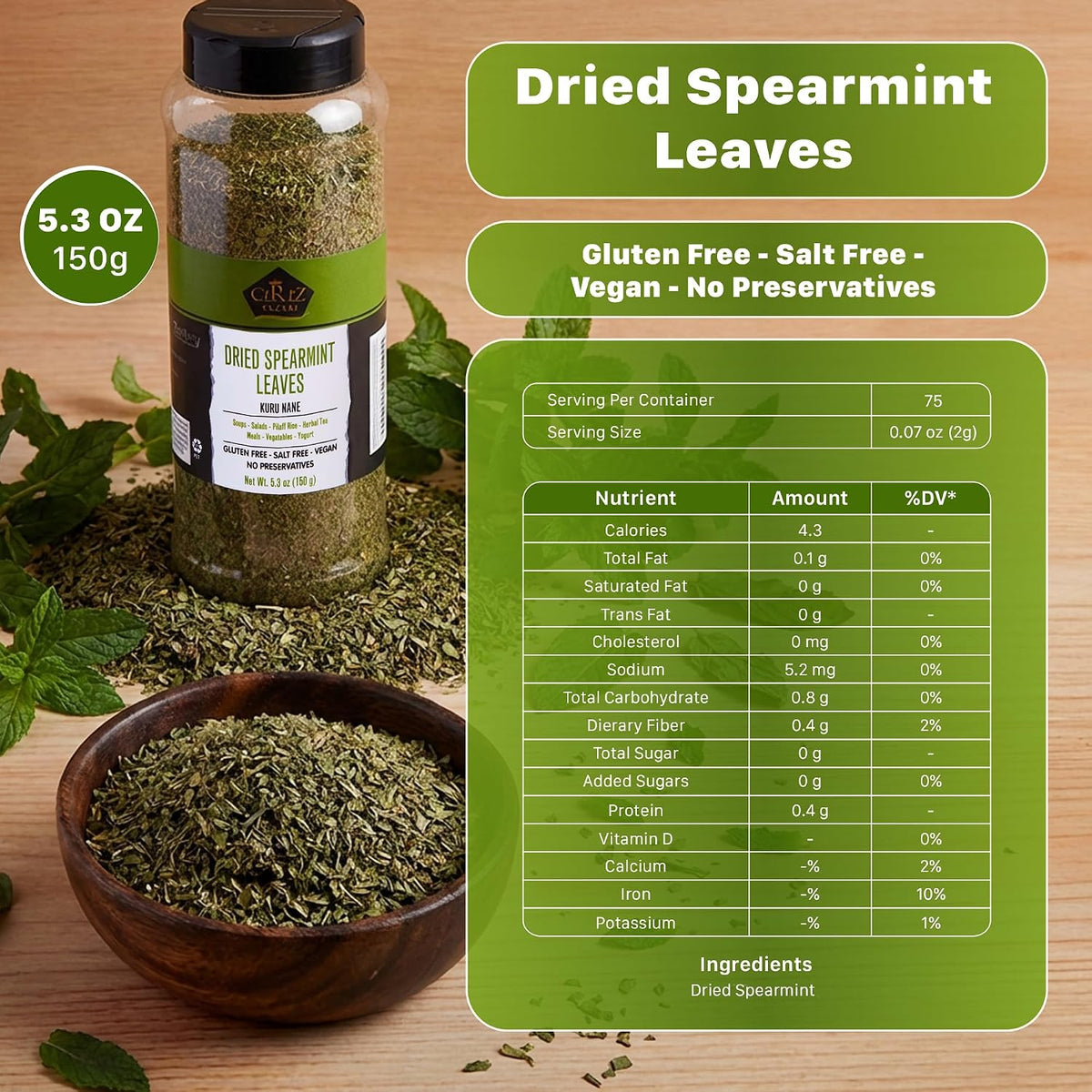 Cerez Pazari Dried Mint Leaves 5.3oz |%100 Natural, Non-irradiated, Non-GMO, Gluten Free, Raw Turkish Dried Spearmint Leaves, Crushed Peppermint Tea | Plastic Pet & Easy to Use Flapper Spice Cap
