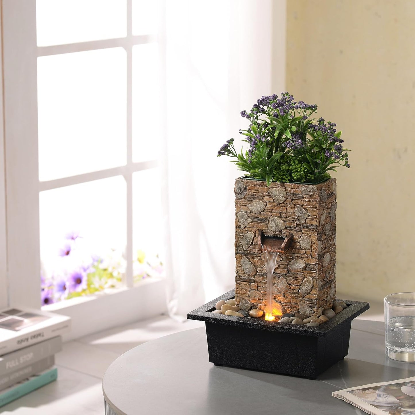 Kalona Tabletop Waterfall Fountain 3 Bowls with LED Light, Soothing Water Flow Sound, Zen Meditation Decor for Home and Office, Relaxation Water Fountains Indoor (23113)