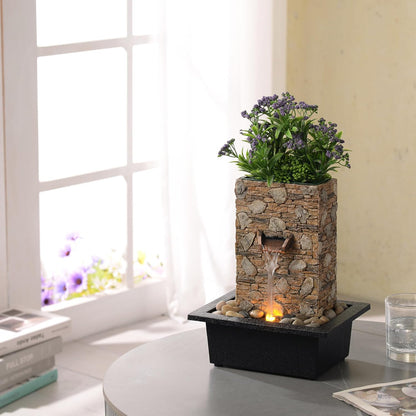 Kalona Indoor Tabletop Water Fountain – 3-Tier Resin Waterfall with LED Lights, Mini Bonsai Planter & Cascading Water Flow – Soothing Desk Fountain for Home, Office, Meditation Decor(22024)