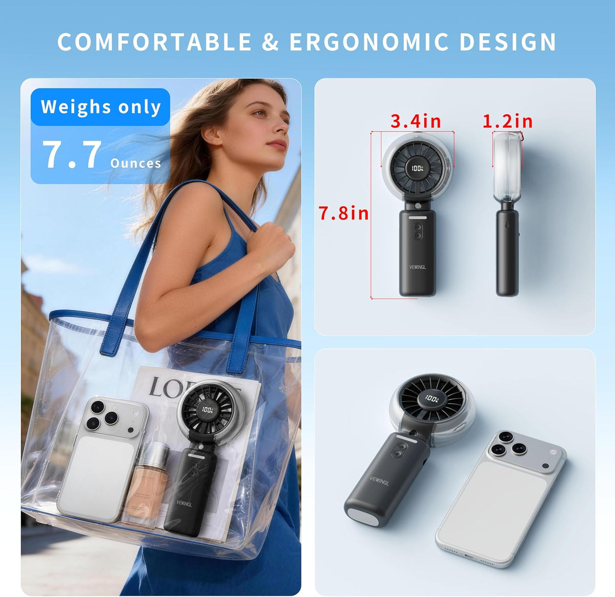 VEWINGL Portable Misting Fan, 110° Foldable Handheld Fan, 5 Speed