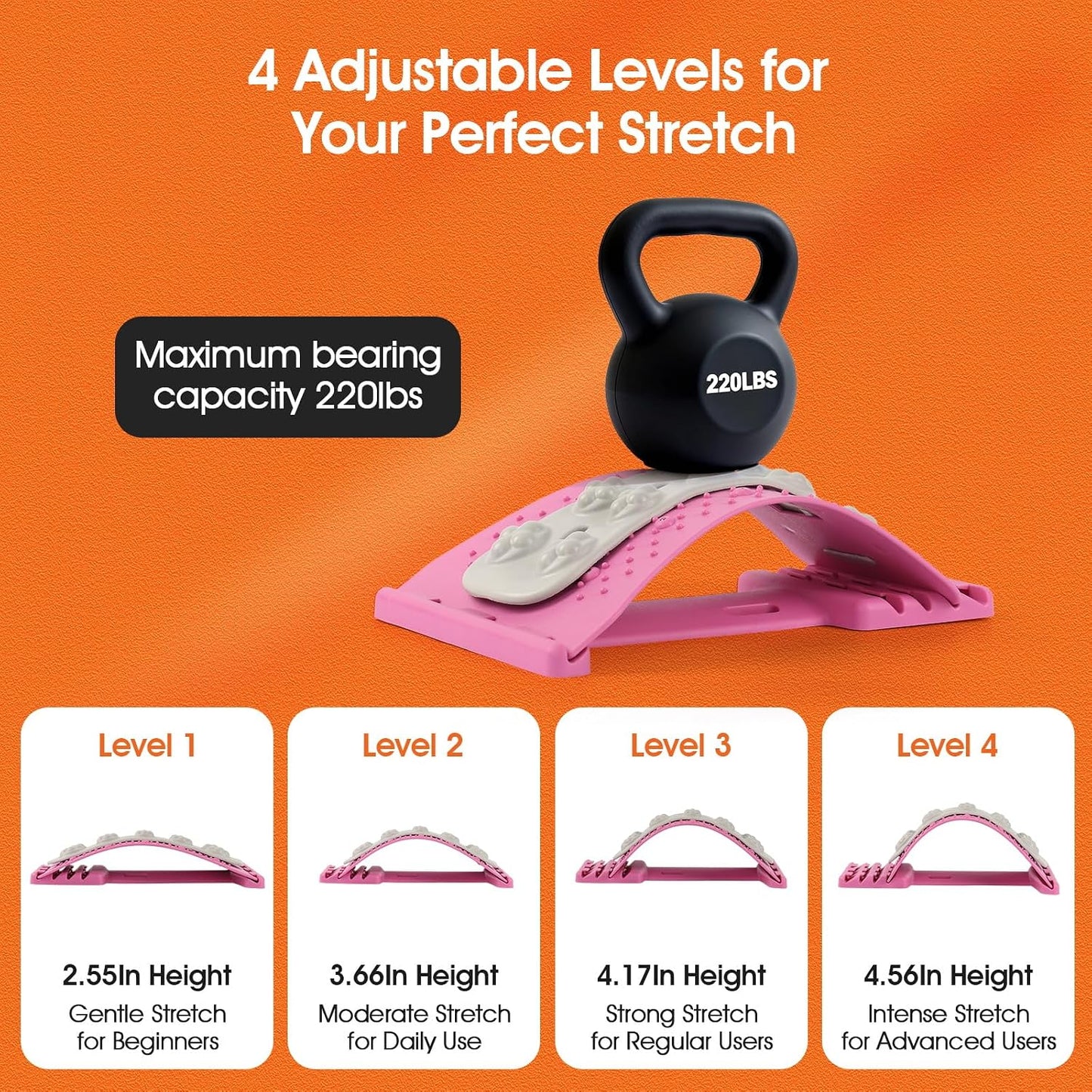 Premium Back Stretcher for Lower Back Pain Relief – 4-Level Adjustable Lumbar Support Board with Soft EVA Massage Strip – Durable & Portable Back Cracker to Release Tension and Reset Your Day (Black)