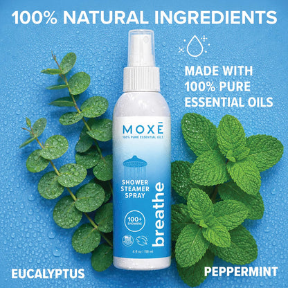 MOXĒ Eucalyptus Oil Shower Mist, Spa Steam Spray, Certified Natural 100% Essential Oils, Made in USA, Aromatherapy, Sinus Congestion Relief, Tension Relief, 4 Ounces