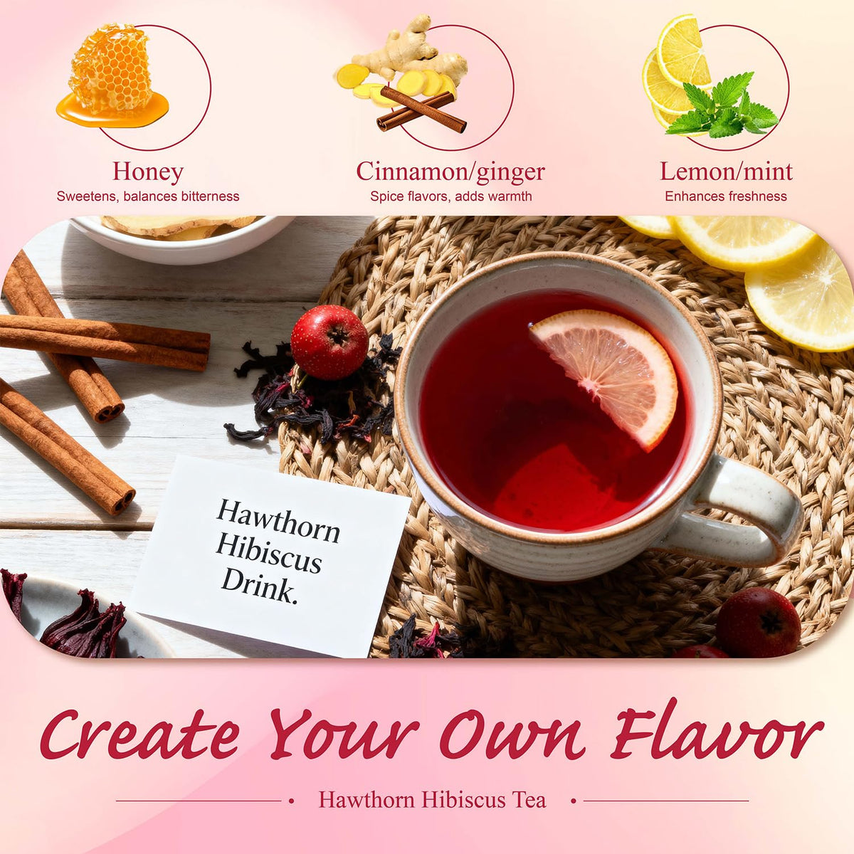 WT WEETEE Hawthorn Hibiscus Tea Bags 50ct, Caffeine-free Herbal for Heart