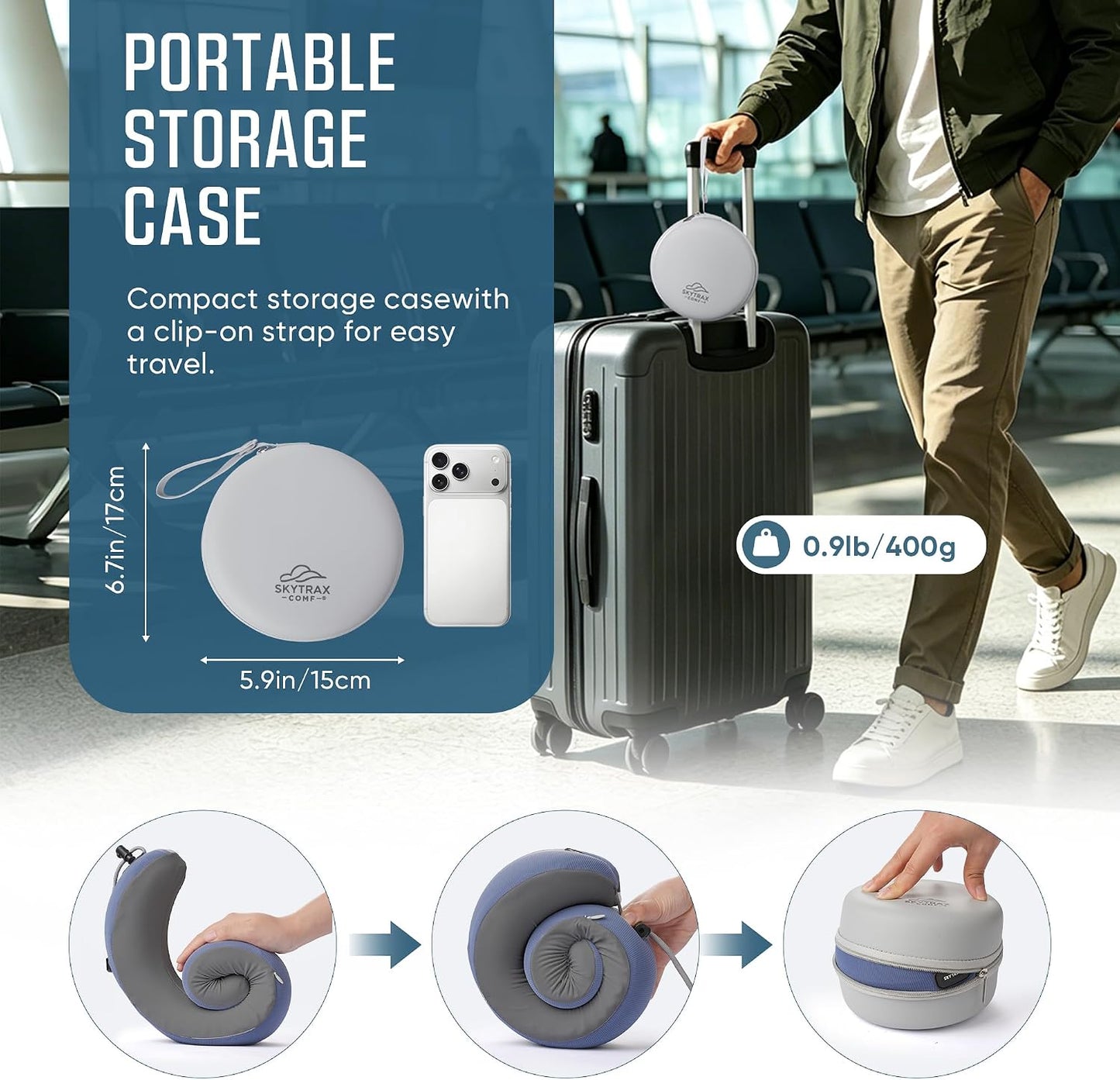 SKYTRAX COMF® Premium Ergonomic Memory Foam Travel Neck Pillow, Washable Cooling Ice Silk Cover, Firm Neck Support for Airplane Long Flights & Pain Relief, with Portable Carry Case (Grey)