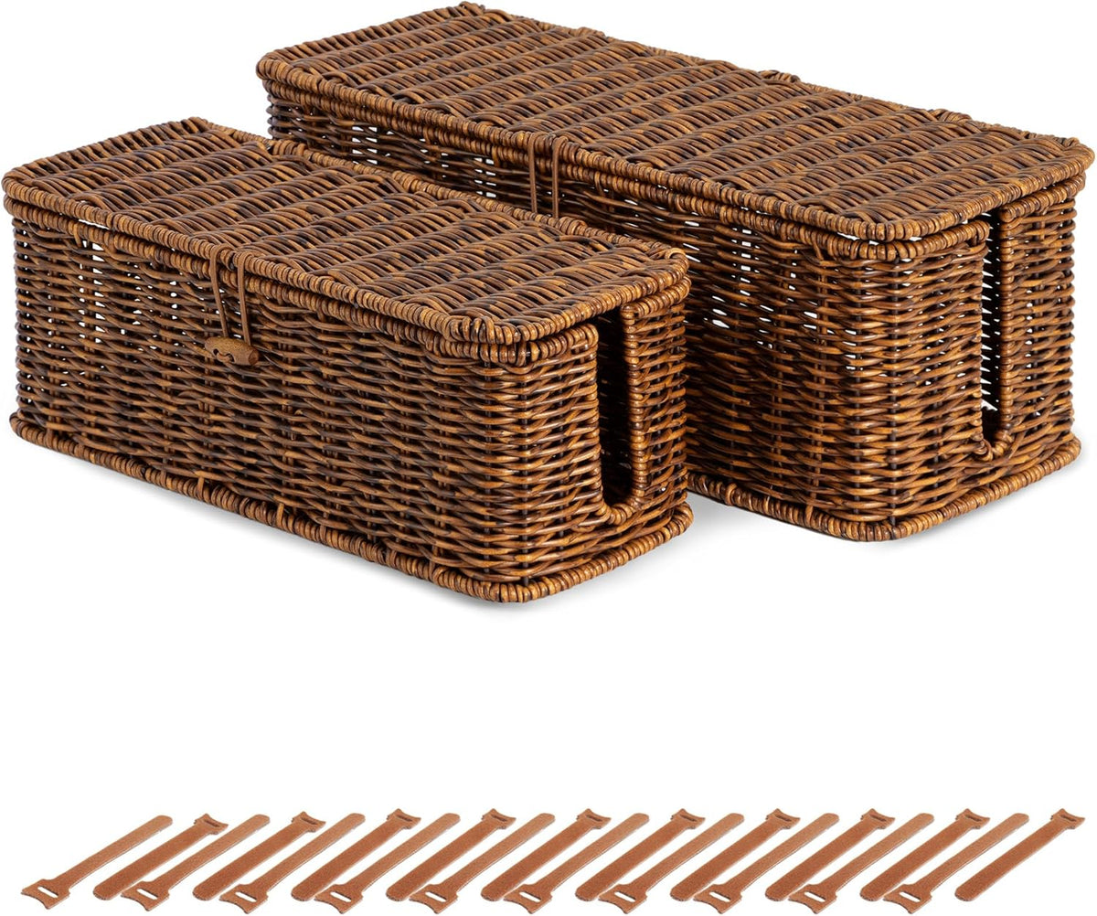 Cable Management Box, Cord Organizer with Lid & Cable Ties - Brown, L