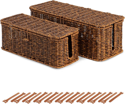 Cable Management Box, Cord Organizer with Lid & Cable Ties - Brown, L