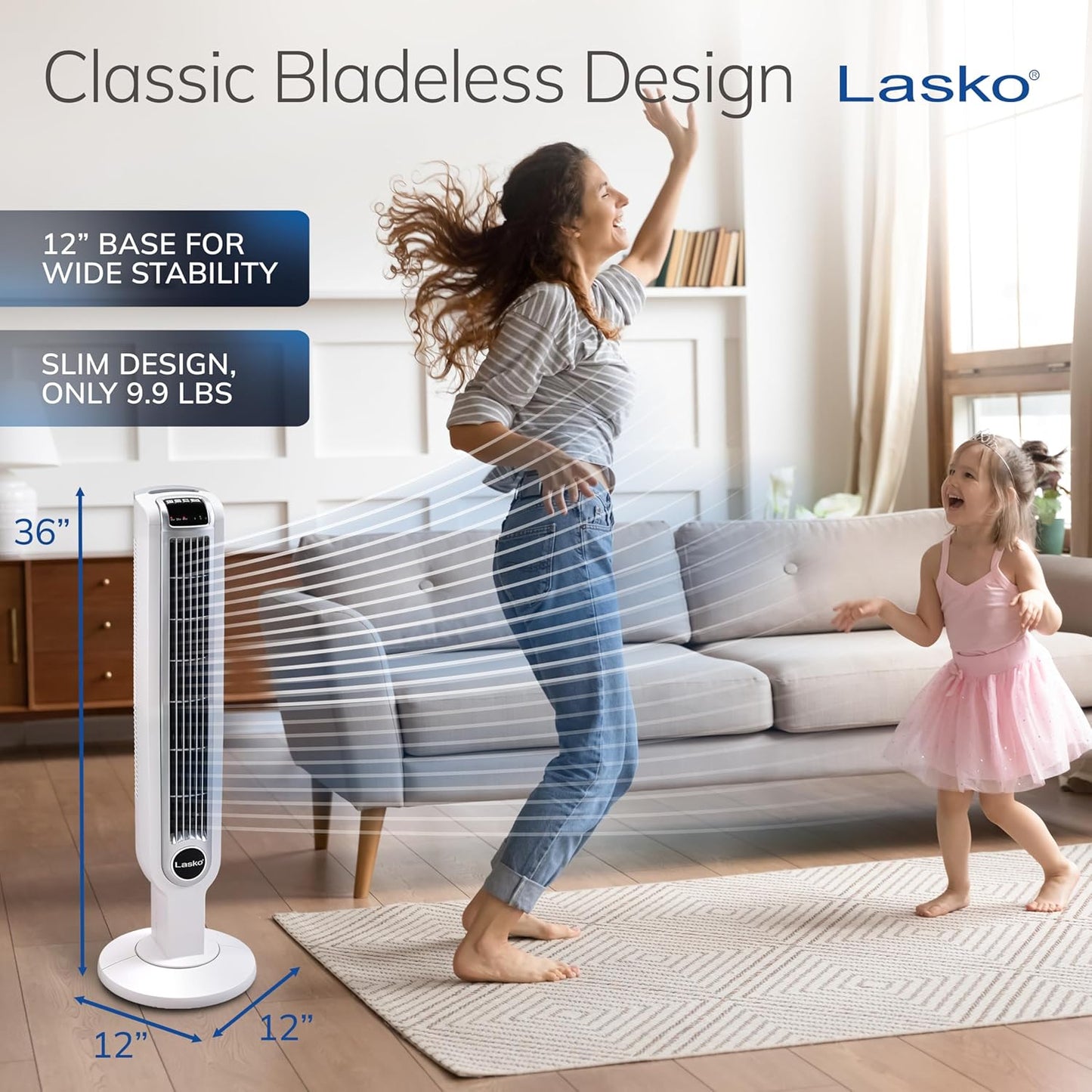 Lasko Oscillating Tower Fan with Remote Control and Timer - Quiet Standing Fan for Bedroom, Office, and Home - 3 Speeds - Powerful Cooling Air - 2510 - 36" Tall - White