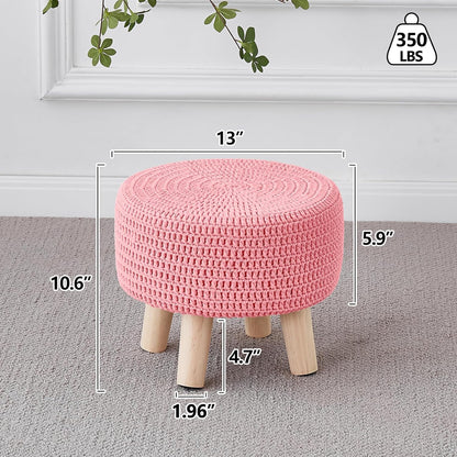 Wimarsbon Pouf Ottoman, 100% Cotton Knitted Boho Footstool, Round Footrest with Non-Skid Wood Legs, Home Décor Handmade Pouffe, Leisure Floor Step Stool for Living Room (Beige)