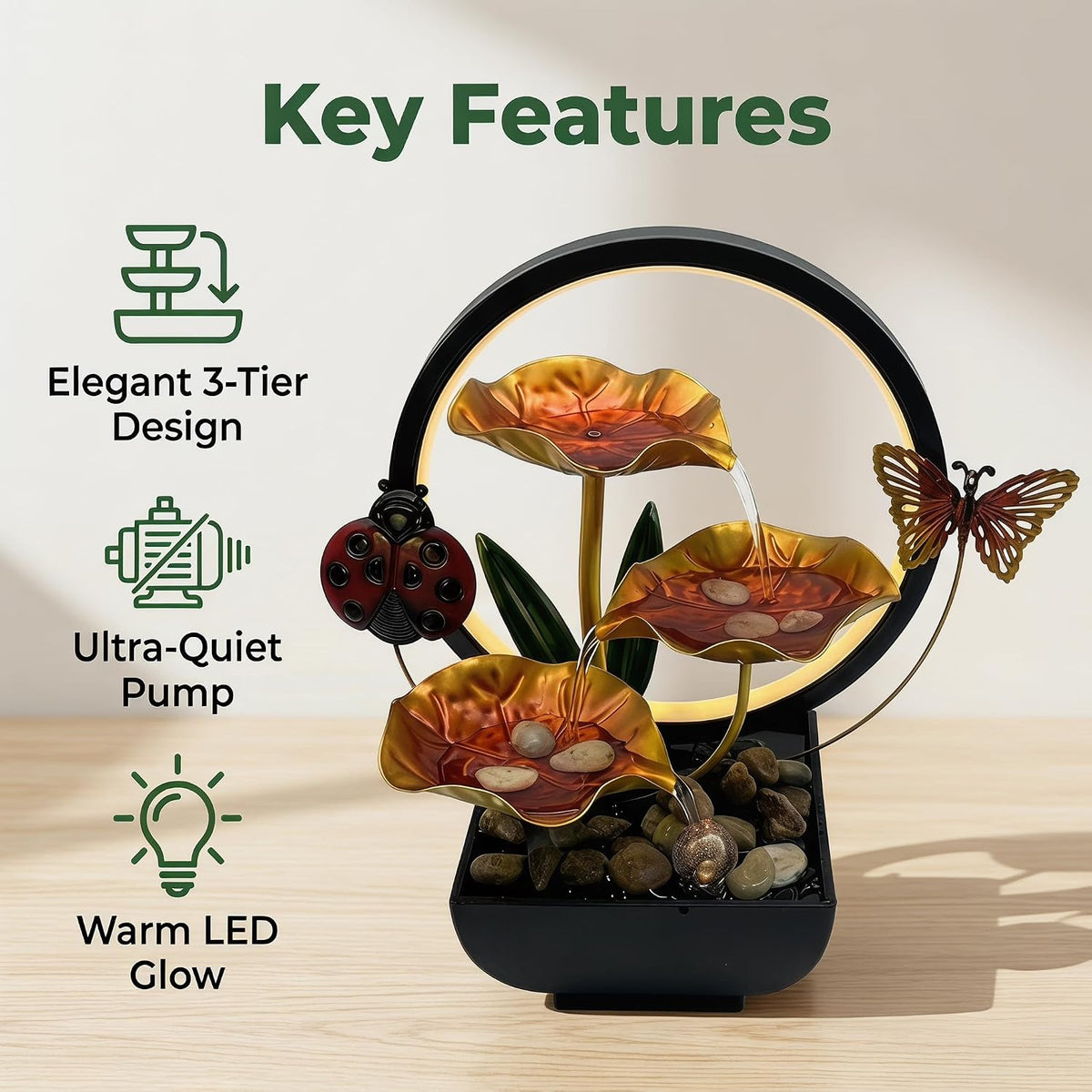 Tabletop Fountain,Indoor Water Fountain,Home Fengshui Décor Zen Relaxation Soothing Sound Machine for Office,Living Room,or Bedroom,Green Lotus,Hummingbird & Pink Flower,9.1inch