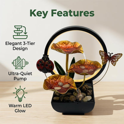 Tabletop Fountain,Indoor Water Fountain,Home Fengshui Décor Zen Relaxation Soothing Sound Machine for Office,Living Room,or Bedroom,Green Lotus,Hummingbird & Pink Flower,9.1inch