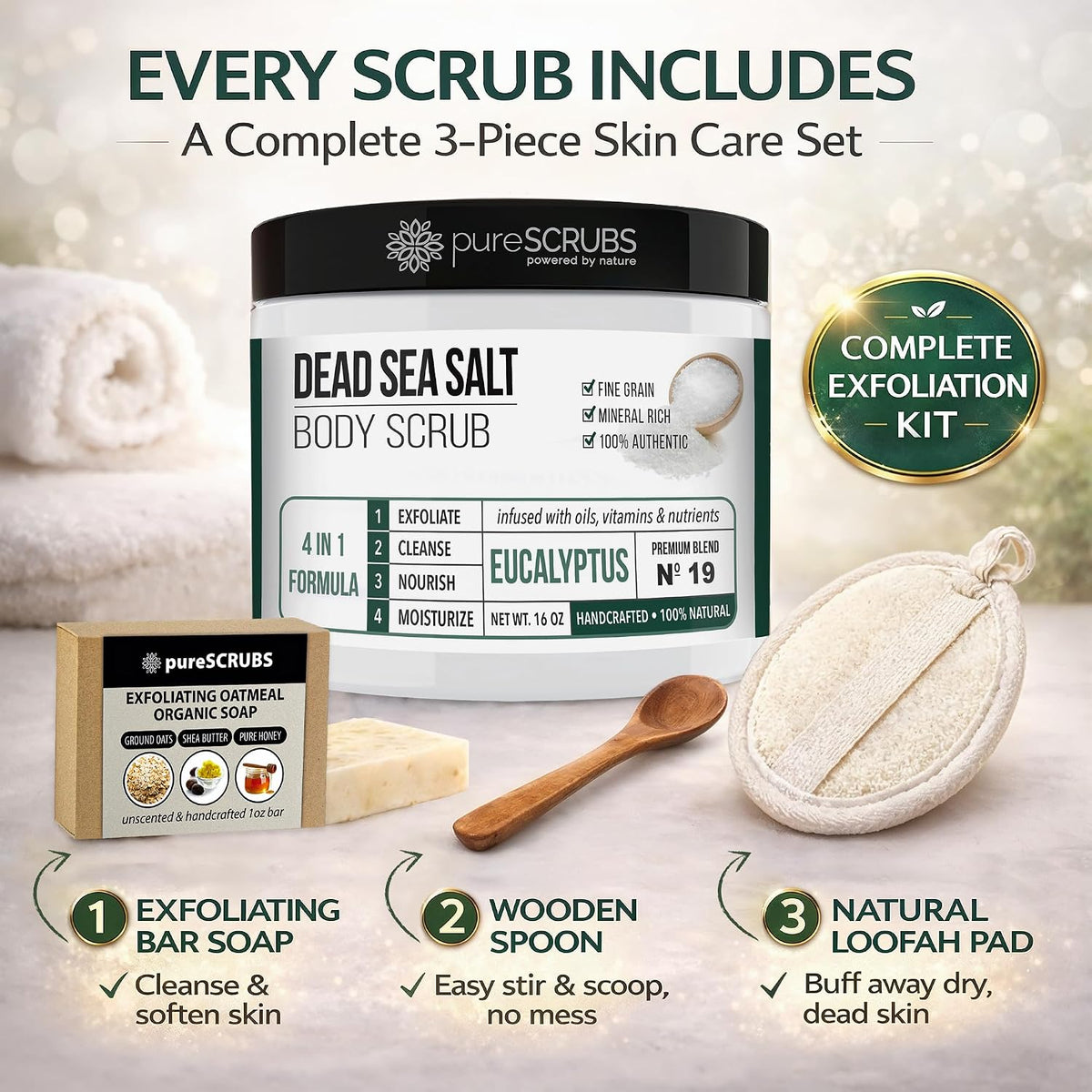 pureSCRUBS Premium Cucumber Body Scrub Set, Exfoliating Dead Sea Salt Scrub