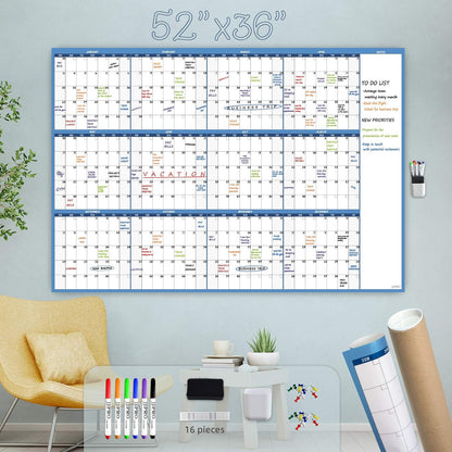 Dry Erase Wall Calendar - 38x26 Inches - Blank Undated Yearly Calendar - Whiteboard Premium Laminated Planner - Reusable Laminated Office Jumbo 12-Month Calendar (Vertical)