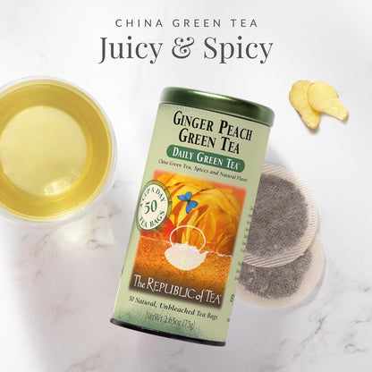 The Republic of Tea Daily Green Ginger Peach Green Tea, Low Caffeine, 50 Ct