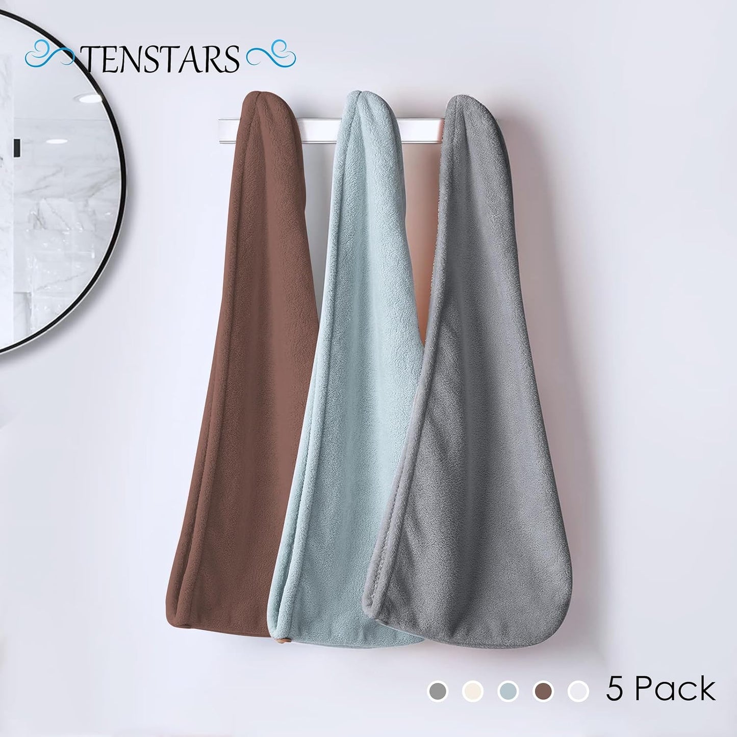 TENSTARS 5 Pack Thicken Microfiber Hair Towel Wrap for Women - Elastic Loop Design - 320GSM Coral Velvet - Quick Dry Hair Turban - 11x28 Inch (Pink)