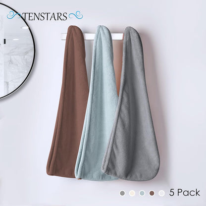 TENSTARS 5 Pack Thicken Microfiber Hair Towel Wrap for Women - Elastic Loop Design - 320GSM Coral Velvet - Quick Dry Hair Turban - 11x28 Inch (Pink)