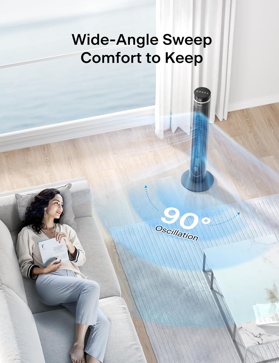 PELONIS 40 inch Bladeless Tower Fan for Bedroom, Standing Fan with Remote Control, 26ft/s, 90° Oscillation, 3 Speed Settings, 27dB, 3 Modes, 15-Hour Timer, LED Display, Fan that Blows Cold Air, White