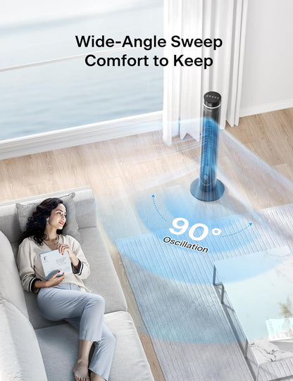 PELONIS 40 inch Bladeless Tower Fan for Bedroom, Standing Fan with Remote Control, 26ft/s, 90° Oscillation, 3 Speed Settings, 27dB, 3 Modes, 15-Hour Timer, LED Display, Fan that Blows Cold Air, White