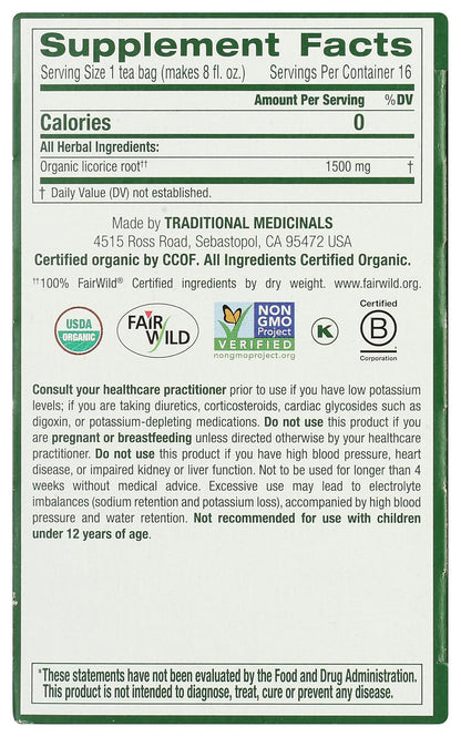 Traditional Medicinals Tea, Organic Licorice Root, Soothes the Digestive Tract & Promotes Respiratory Health - Kosher, Non-GMO, Caffeine-Free - 16 Tea Bags