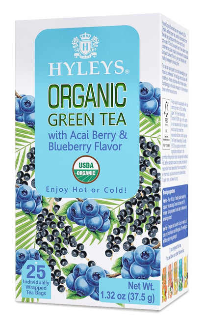 Hyleys Organic Green Tea, Acai & Blueberry Flavor, Natural, 25 Tea Bags
