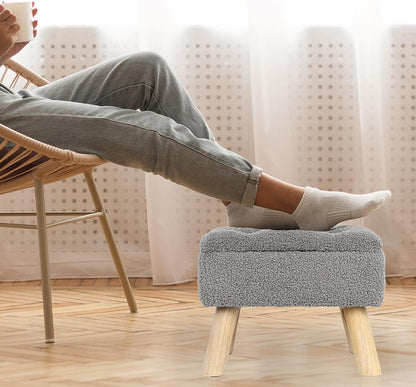 OGEMXU Storage Ottoman, Small Foot Stool Ottoman with Storage, Boucle Teddy Velvet Foot Rest with Padded Seat, Sturdy Wood Legs Stool for Living Room, Bedroom, Couch, Enterway (Cream)