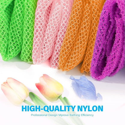 UJFQBH 3 Pieces African Bath Sponge African Net Long Net Bath Sponge Exfoliating Shower Body Scrubber Back Scrubber Skin Smoother,Great for Daily Use (Pink,Yellow,Purple)