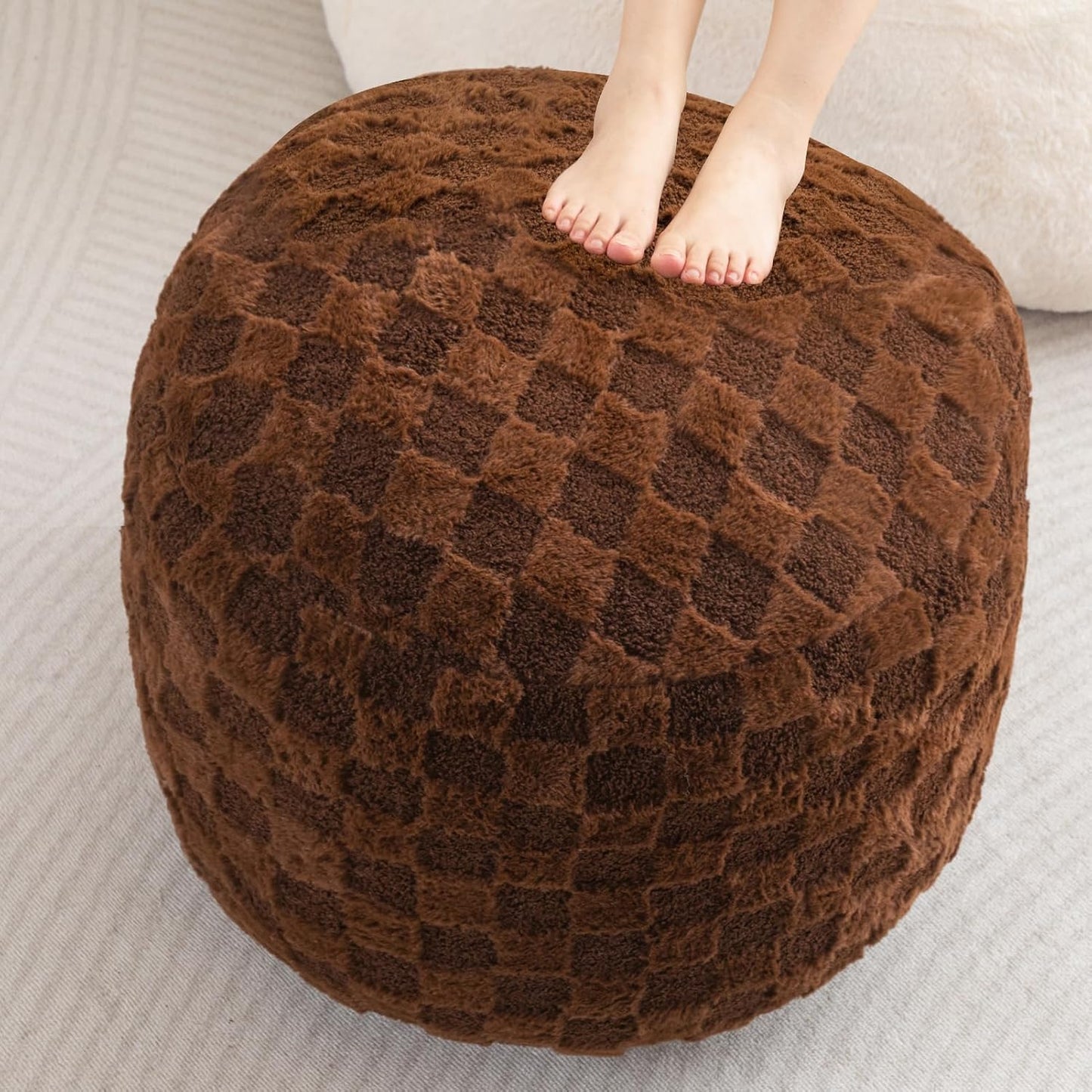 HIGOGOGO Round Stuffed Pouf Ottoman, Corduroy Poufs with Foam Chunk Filling, Furry and Fluffy Pouf Foot Stool Storage Ottoman, 20 X 15 Floor Poufs Foot Rest for Living Room, Dark Grey