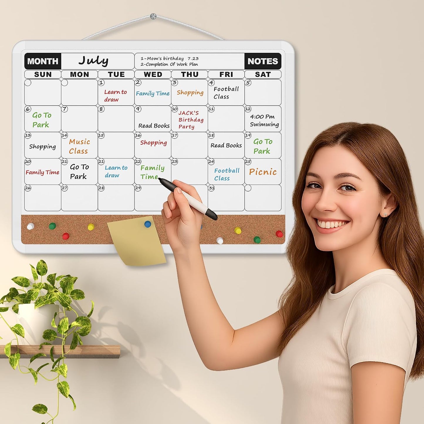 Monthly Calendar Dry Erase Board 16x12 Inch, Double-Sided Whiteboard and Corkboard Combo, Wall Mounted Planner Organizer with Markers, Magnets, Push Pins, Eraser, for Home Office School