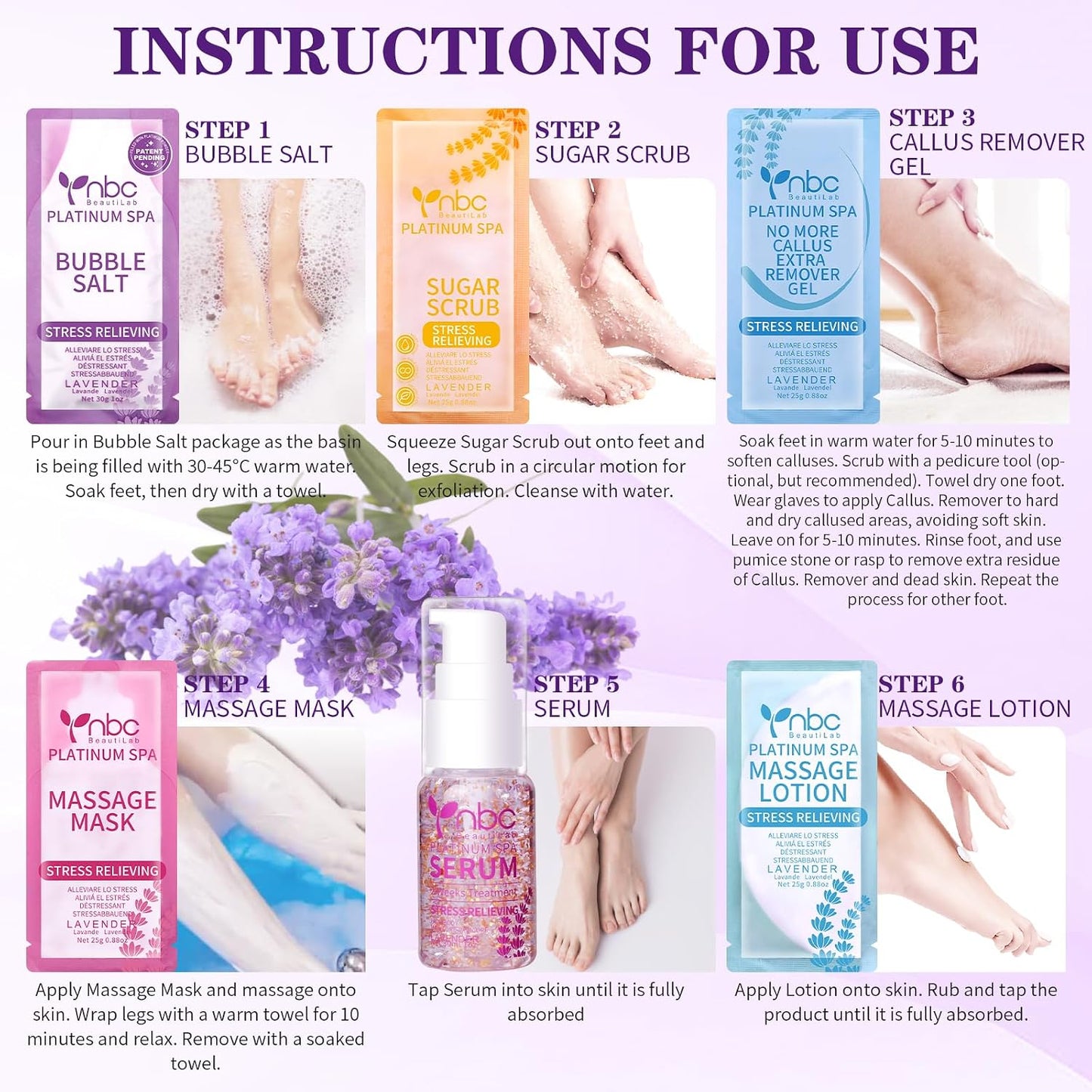 Pedicure Kit Foot Soak Set: Bubble Salt, Sugar Scrub, Massage Mask, Massage Lotion in a Box, 4 Step Foot Spa Kit for Dry Feet, Softens Calluses, Tired Feet（3 Set Lavender) - Colors B