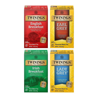 Twinings Variety Pack Black Tea Bags, 20 Count (Pack of 4), Includes English Breakfast, Earl Grey, Irish Breakfast, and Lady Grey, Caffeinated, Enjoy Hot or Iced, 80 Teabags