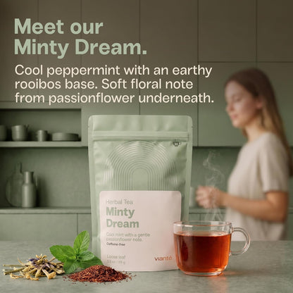 Viante Minty Dream Caffeine Free Herbal Tea, Loose Leaf Peppermint Tea with Rooibos and Passionflower, Naturally Caffeine Free Evening Tea, Calm Wind Down Blend, 3.5 oz Resealable Pouch