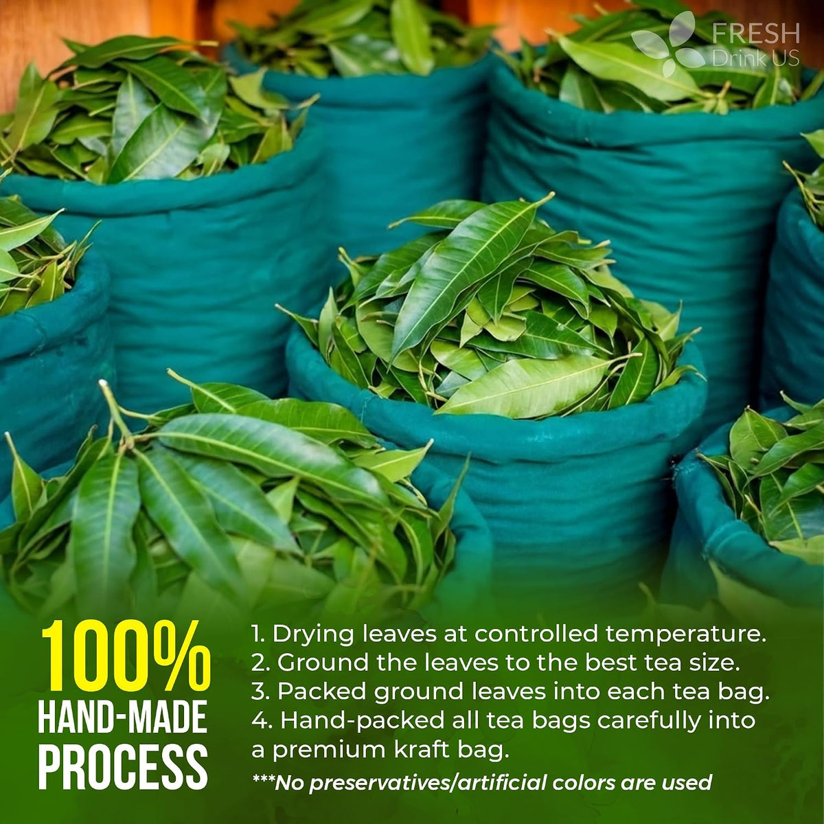FreshDrinkUS, Premium 40 Mango Leaf Tea Bags, 100% Natural& Pure from Mango Leaves. Herbal Tea. No Sugar, No Caffeine, No Gluten, Vegan.
