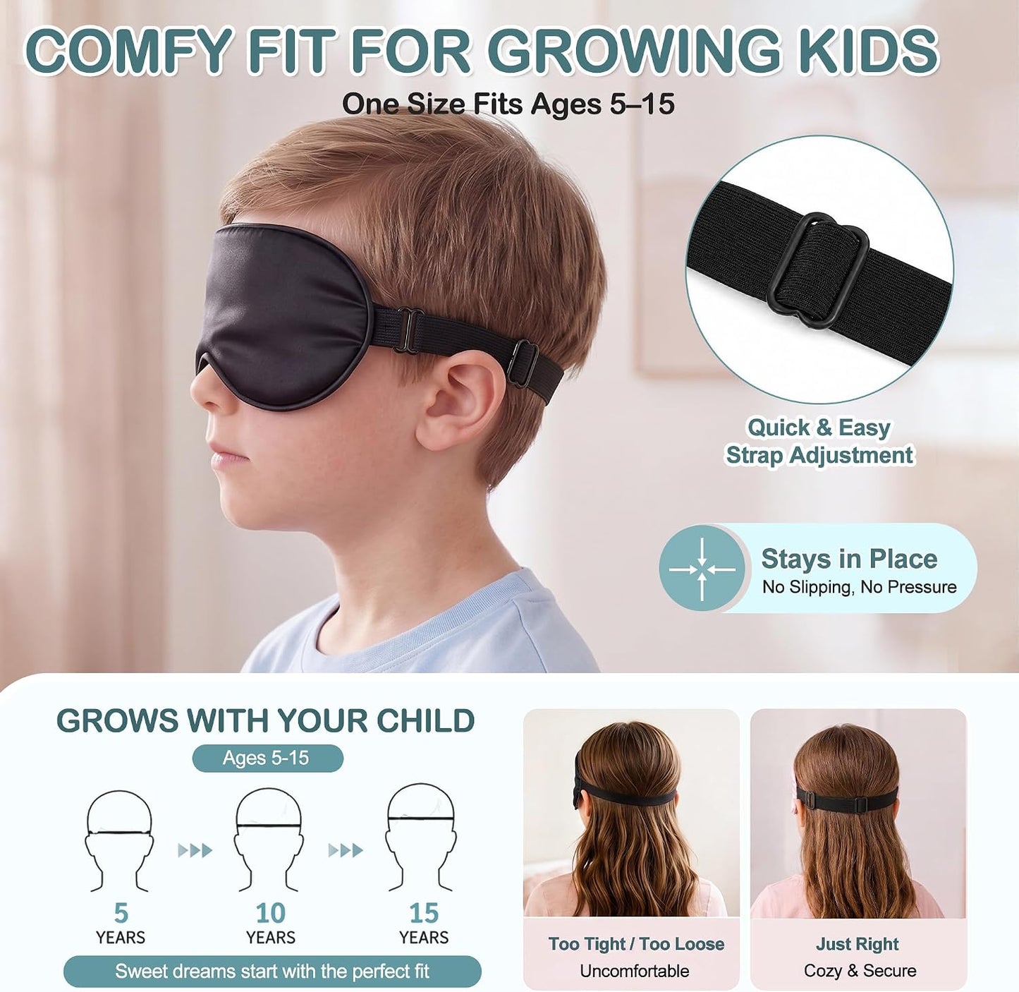 Kids Sleep Mask, Soft Eye Mask for Boys Girls with Adjustable Strap, Silk Light Blocking Sleeping Mask for Naps, Travel and Night Sleep, Includes Laundry Bag (Black)