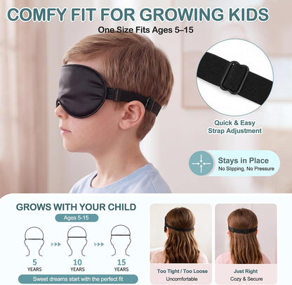 Kids Sleep Mask, Soft Eye Mask for Boys Girls with Adjustable Strap, Silk Light Blocking Sleeping Mask for Naps, Travel and Night Sleep, Includes Laundry Bag (Black)