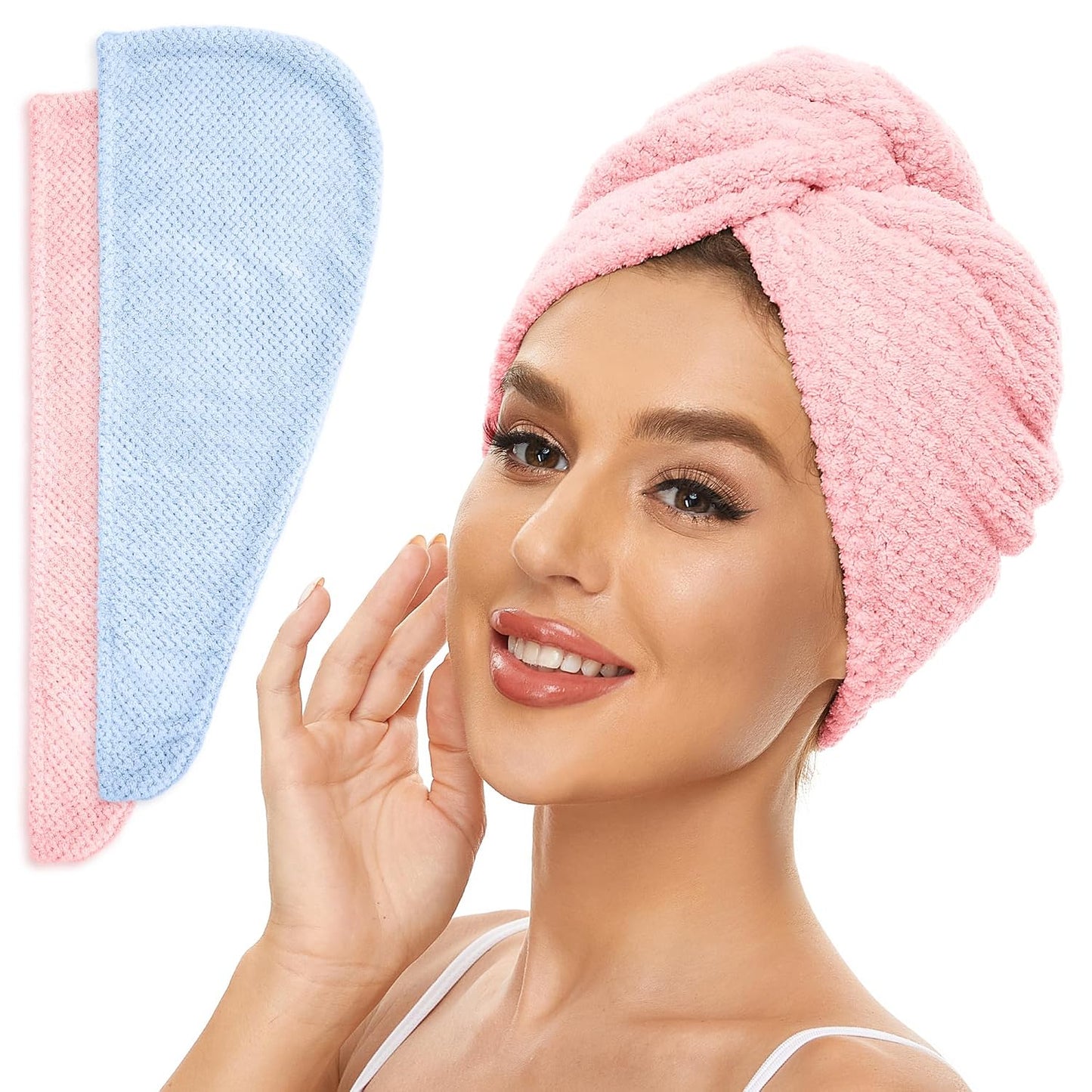 SimpleField 2 Pack Microfiber Hair Towel Wrap for Women, Anti Frizz Quick Drying Hair Turban for All Hair Style, Absorbent and Lightweight (Beige)