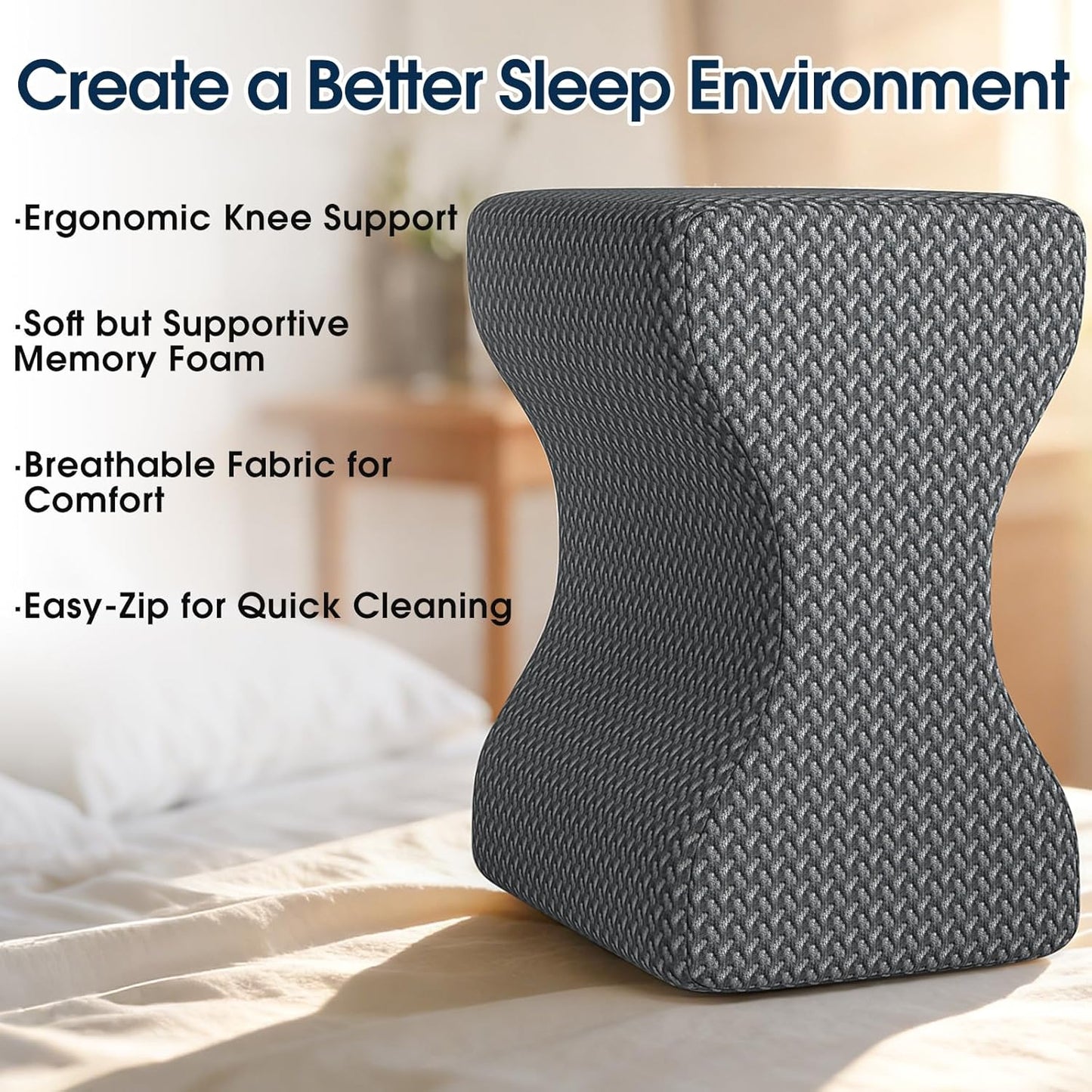 BlissTrends Memory Foam Knee Pillow, Knee Pillow for Side Sleepers, Leg Pillows for Sleeping Blood Circulation, Elevation Pillow for Spine Aligning, Sciatica, Back, Hip, Knee, Ankle Pain, Grey